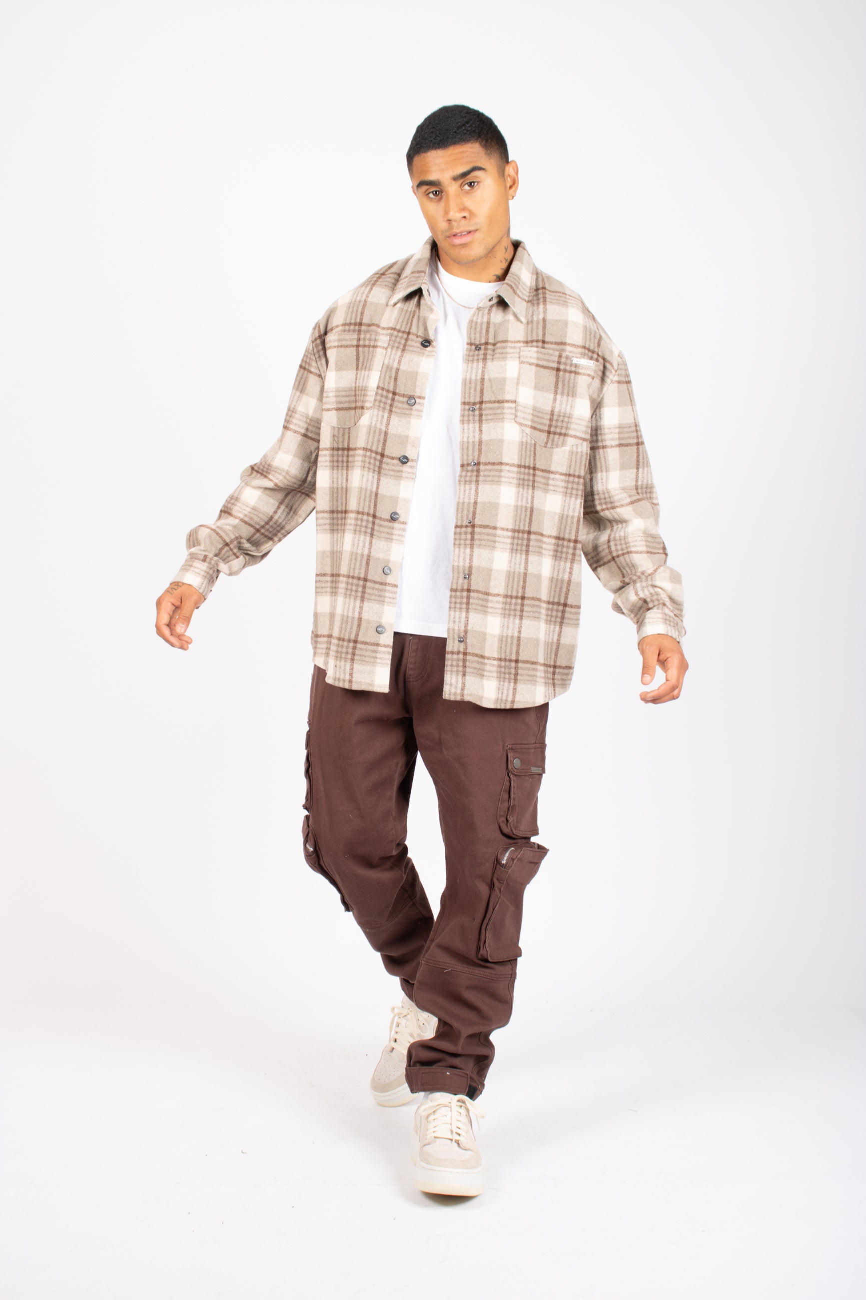 Oversized Long Sleeve Stone Flannel Shirt