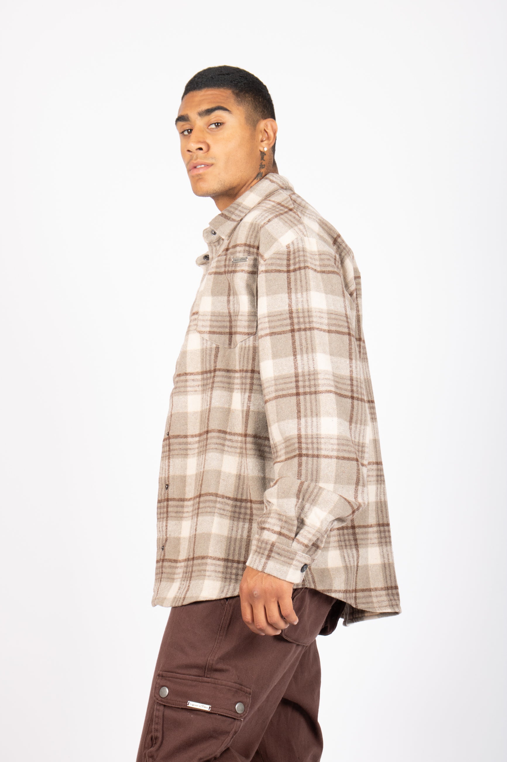 Oversized Long Sleeve Stone Flannel Shirt