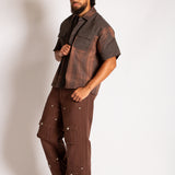 Cut & Sew Patchwork Short Sleeve Shirt in Brown