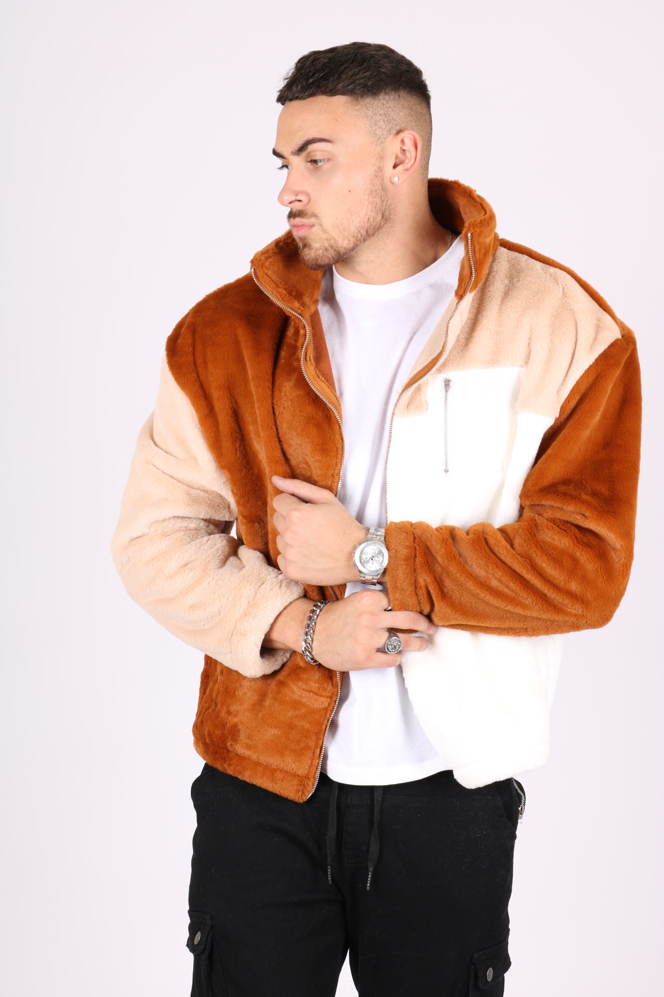 Brown, Tan & White Panel Micro Fur Jacket