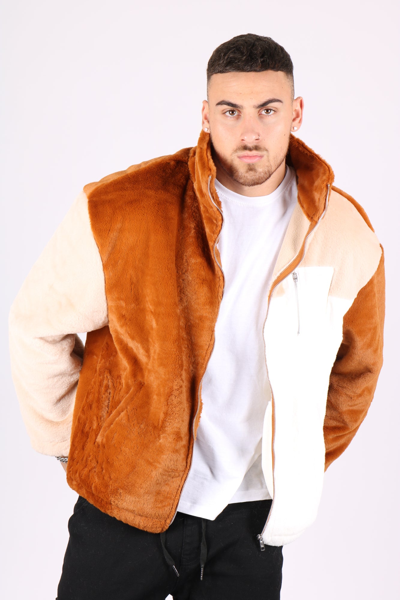 Brown, Tan & White Panel Micro Fur Jacket