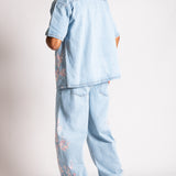 Japanese Blossom Print Embroidered Denim Shirt in Light Wash Blue