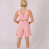 Pink Belted Denim Wide Shorts
