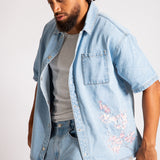 Japanese Blossom Print Embroidered Denim Shirt in Light Wash Blue