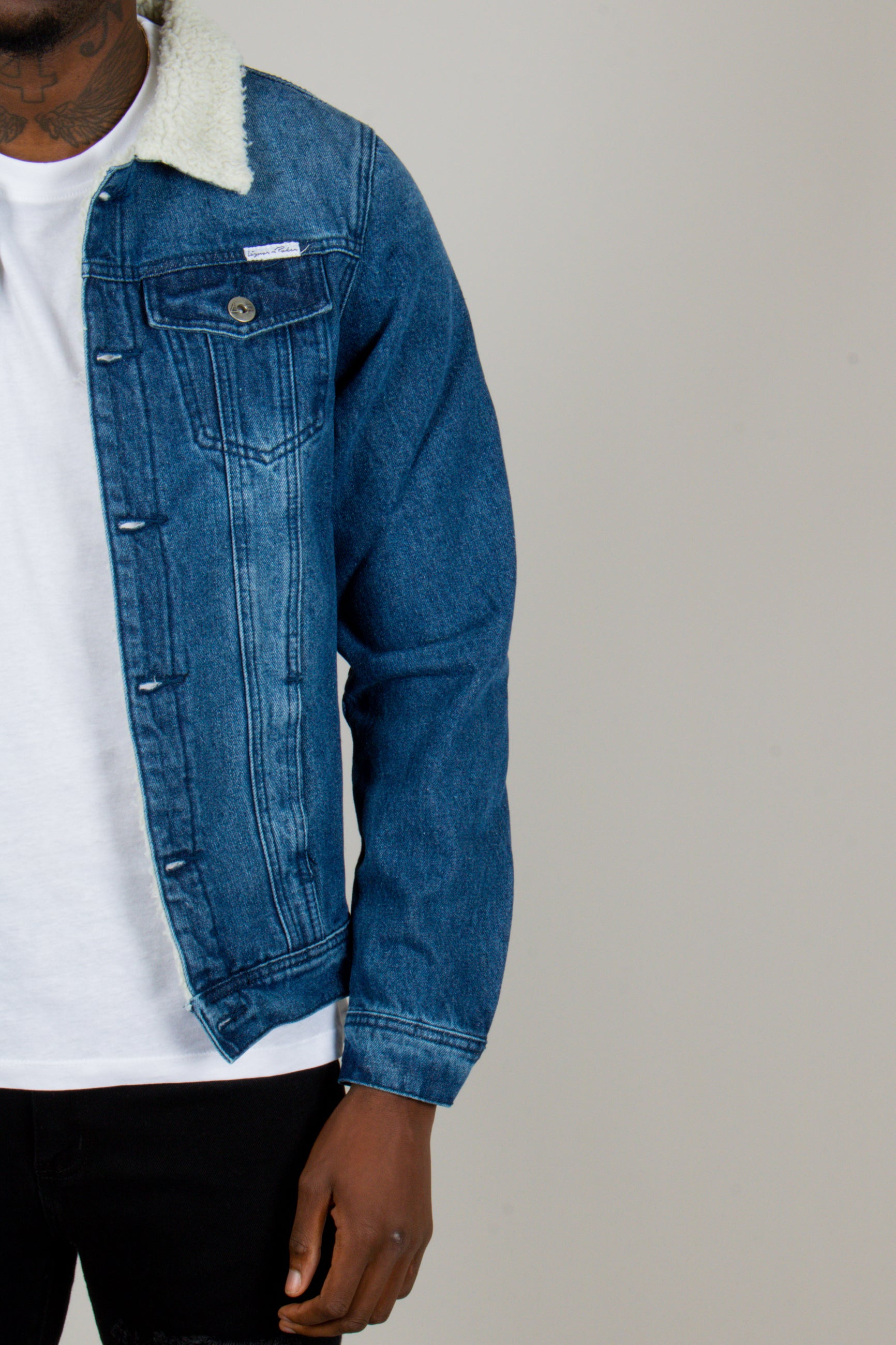 Denim Jacket with Borg Collar in Dark Indigo