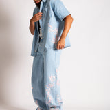 Japanese Blossom Print Embroidered Denim Shirt in Light Wash Blue
