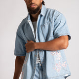 Japanese Blossom Print Embroidered Denim Shirt in Light Wash Blue