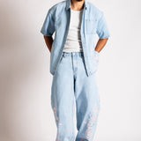 Japanese Blossom Print Embroidered Denim Shirt in Light Wash Blue