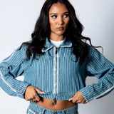 Boxy Pinstripe Blue Denim Jacket With Embroidery Detail