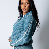 Boxy Pinstripe Blue Denim Jacket With Embroidery Detail