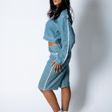 Boxy Pinstripe Blue Denim Jacket With Embroidery Detail