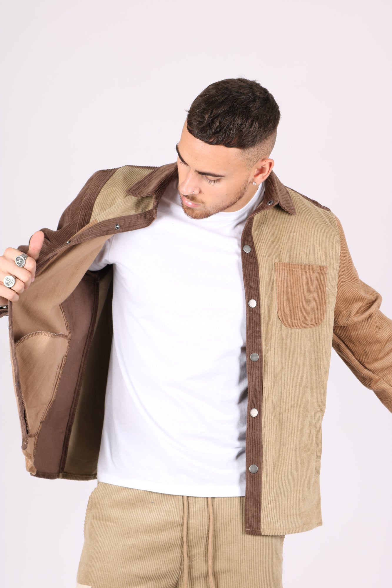 3 Tone Brown Spliced Corduroy Relaxed Shirt