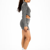 Acid-Wash Grey Contrast Stitch Cropped Denim Jacket