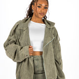 Washed Khaki Oversized Denim Biker Jacket