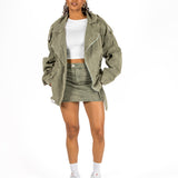 Washed Khaki Oversized Denim Biker Jacket