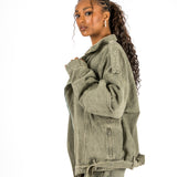 Washed Khaki Oversized Denim Biker Jacket