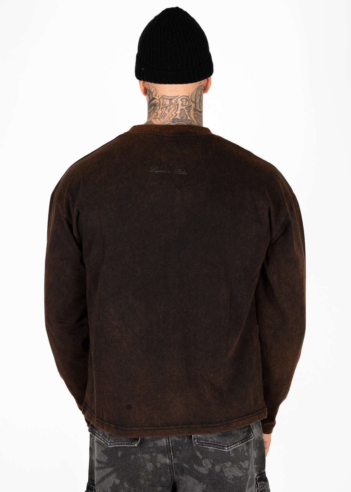 Liquor N Poker brown snake graphic long sleeve t-shirt relaxed fit on model
