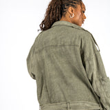 Washed Khaki Oversized Denim Biker Jacket