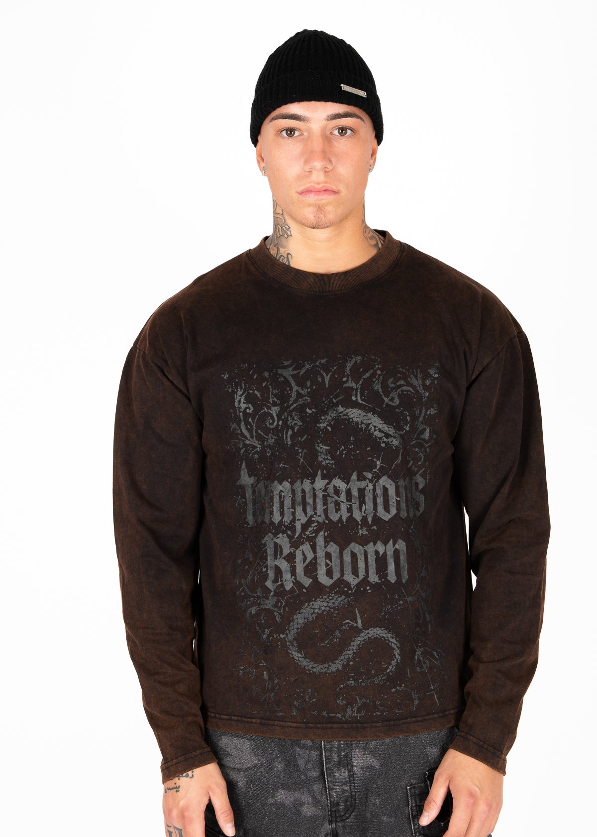 Liquor N Poker relaxed fit snake graphic long sleeve t-shirt brown front view
