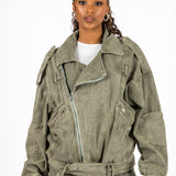 Washed Khaki Oversized Denim Biker Jacket
