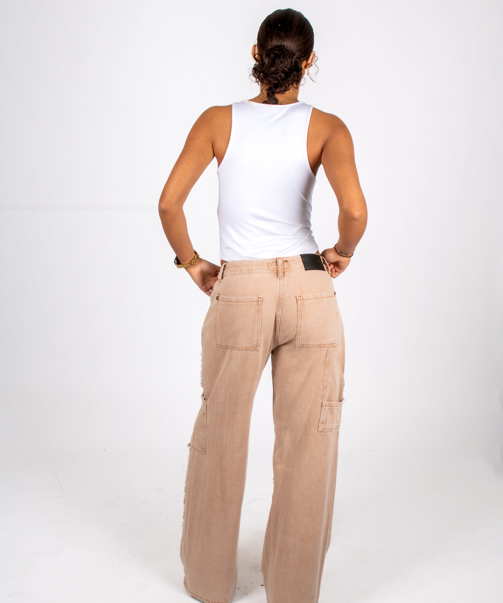 Beige Mid Rise Carpenter Wide Leg Jean Back View