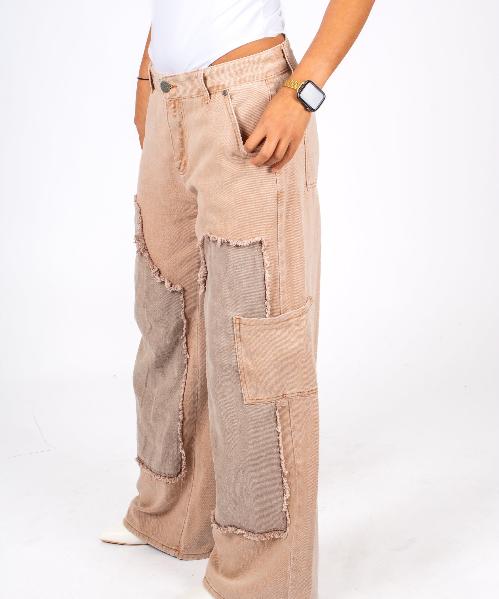 Beige Mid Rise Carpenter Wide Leg Jean Close Up 3