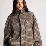 Oversized Funnel Neck Brown Check Jacket
