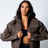 RYLA – Brown Boxy Textured Faux Funnel Neck Jacket