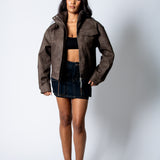 RYLA – Brown Boxy Textured Faux Funnel Neck Jacket