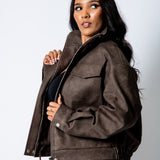 RYLA – Brown Boxy Textured Faux Funnel Neck Jacket