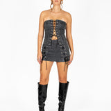Liquor N Poker Lace Up PU Coated Denim Mini Skirt Charcoal