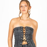 Liquor N Poker Lace Up PU Coated Denim Corset Charcoal