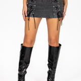 Liquor N Poker Lace Up PU Coated Denim Mini Skirt Charcoal