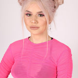 Pink Mesh Ruched Long Sleeve Crop Top