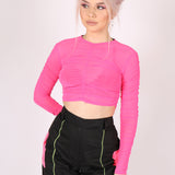 Pink Mesh Ruched Long Sleeve Crop Top