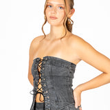Liquor N Poker Lace Up PU Coated Denim Corset Charcoal