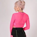 Pink Mesh Ruched Long Sleeve Crop Top