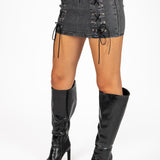 Liquor N Poker Lace Up PU Coated Denim Mini Skirt Charcoal