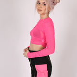 Pink Mesh Ruched Long Sleeve Crop Top