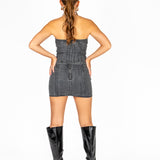 Liquor N Poker Lace Up PU Coated Denim Corset Charcoal