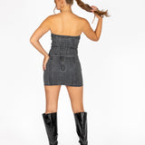 Liquor N Poker Lace Up PU Coated Denim Mini Skirt Charcoal