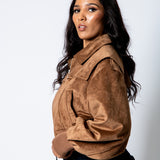 RYLA – Tan Cropped Suede Bomber Jacket with Ribbed Hem
