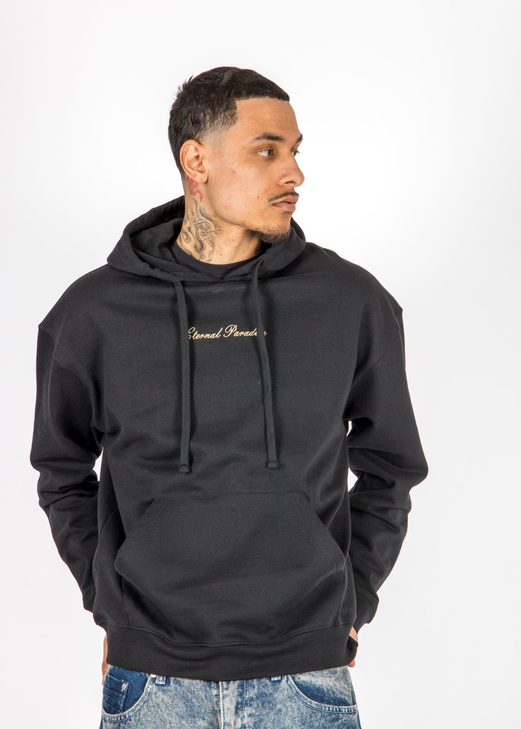 Liquor N Poker oversized hoodie eternal paradise back print black front view
