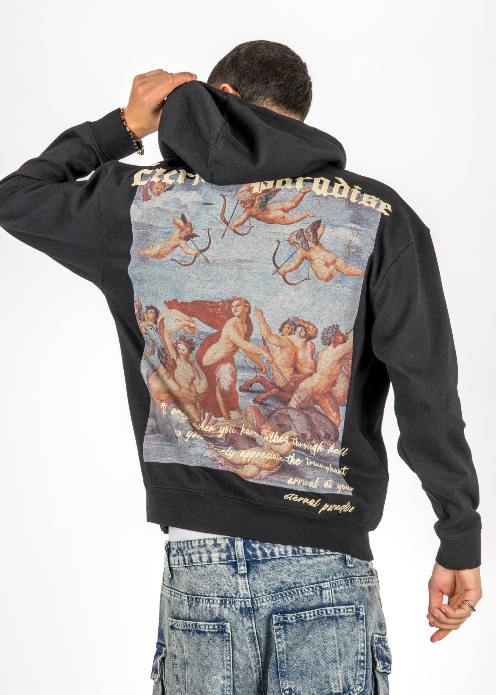 Liquor N Poker black oversized hoodie eternal paradise graphic print on model back
