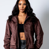 RYLA – Brown Boxy Suede Funnel Neck Jacket