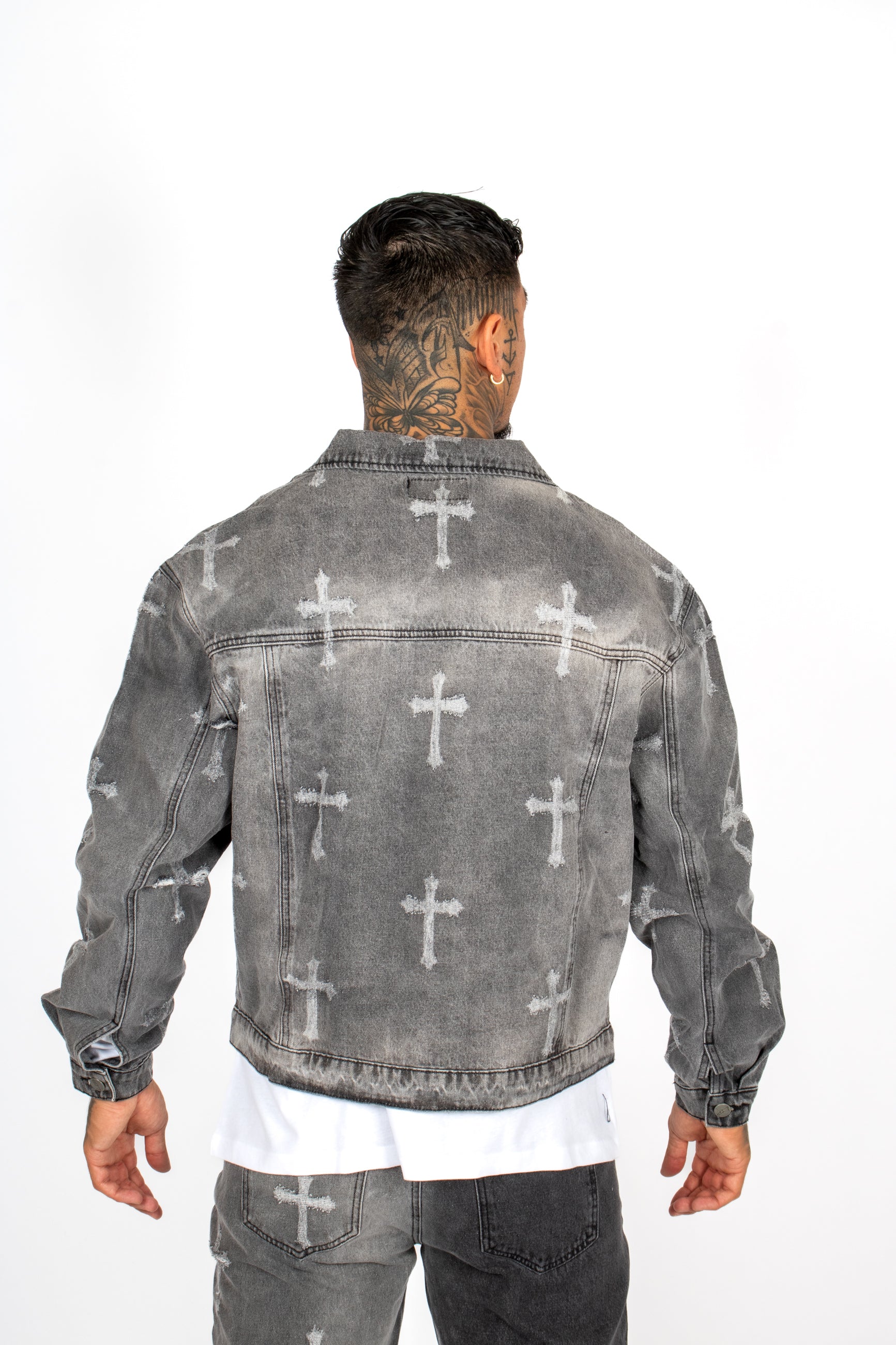 Distressed Cross Denim Jacket in Washed Black