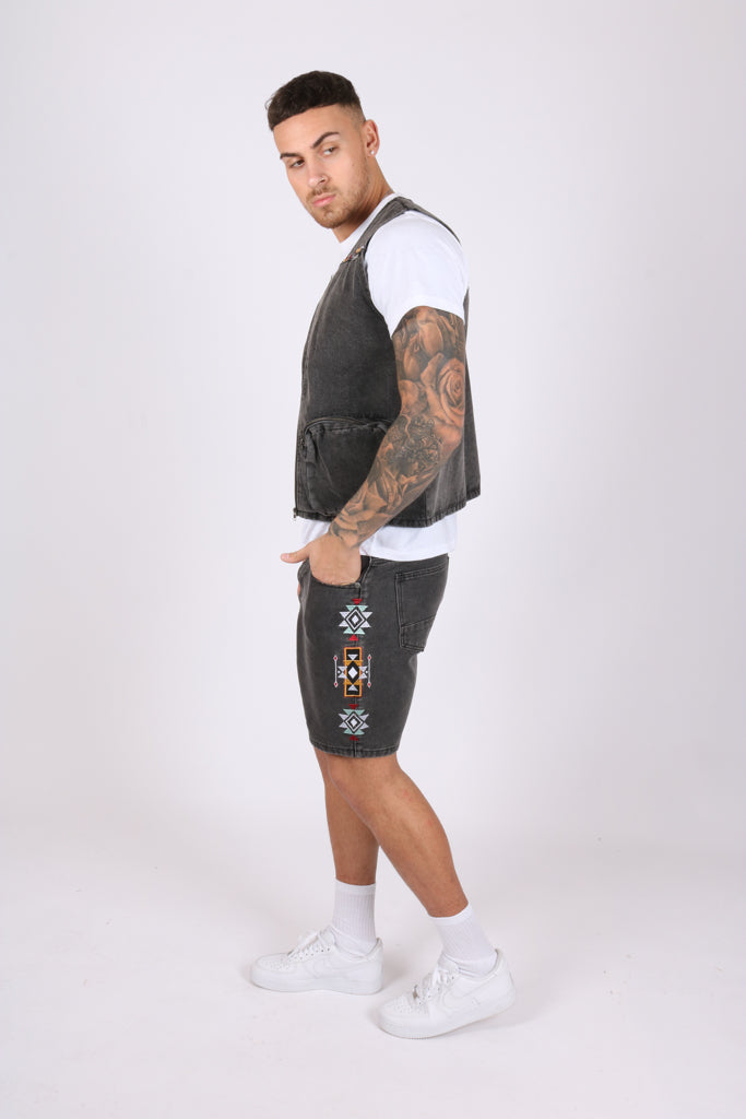 Aztec Embroidered Washed Black Denim Shorts