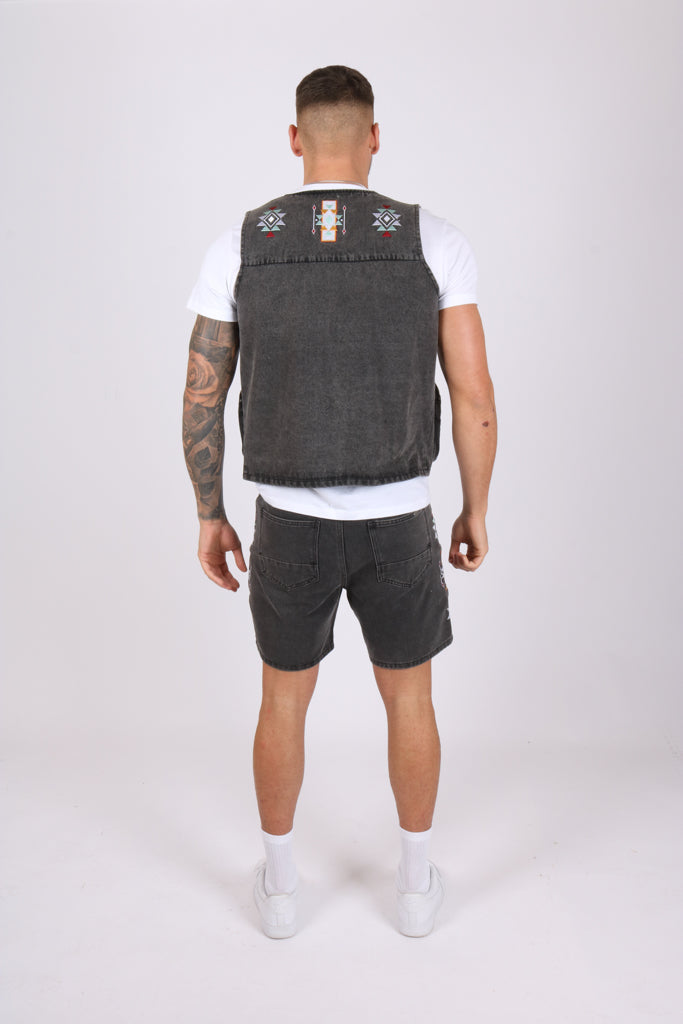 Washed Black Denim Gilet with Aztec Embroidery