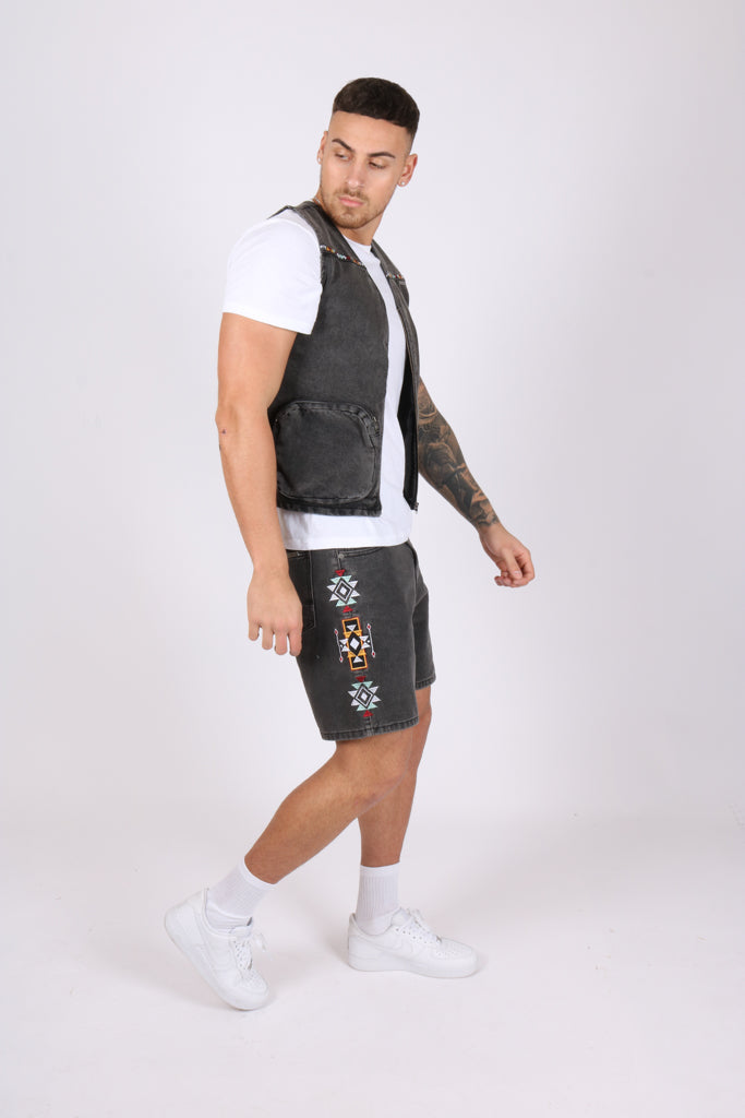 Aztec Embroidered Washed Black Denim Shorts