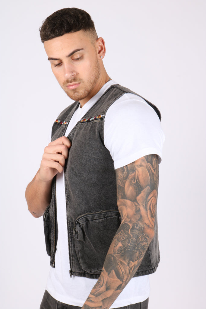 Washed Black Denim Gilet with Aztec Embroidery